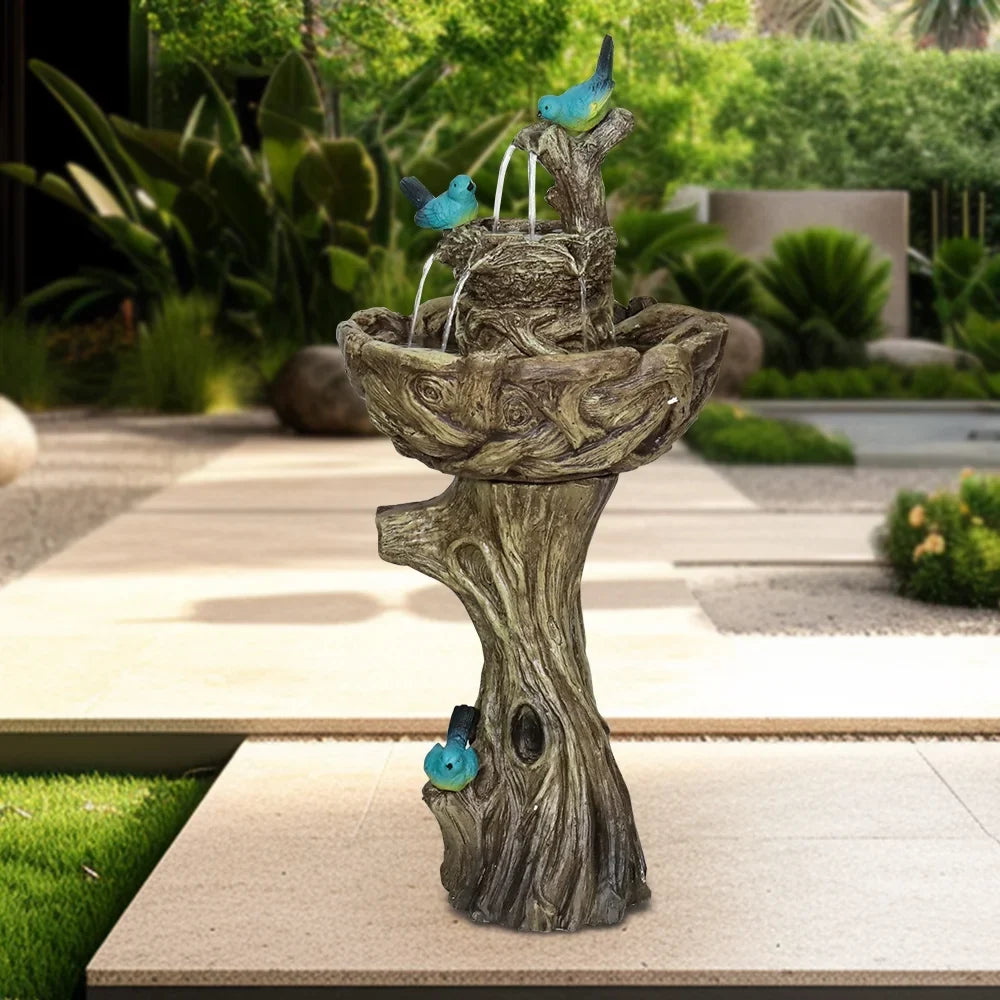 3-Tier Outdoor Water Fountain Bird Bath Patio Fountain Outdoor Stump Like Waterfall Fountain with Birds Decor Freestanding Patio Water Fountain Pump for Garden Yard Patio Porch