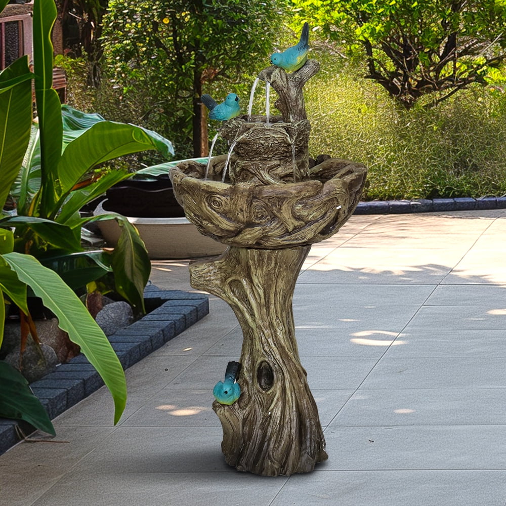 3-Tier Outdoor Water Fountain Bird Bath Patio Fountain Outdoor Stump Like Waterfall Fountain with Birds Decor Freestanding Patio Water Fountain Pump for Garden Yard Patio Porch