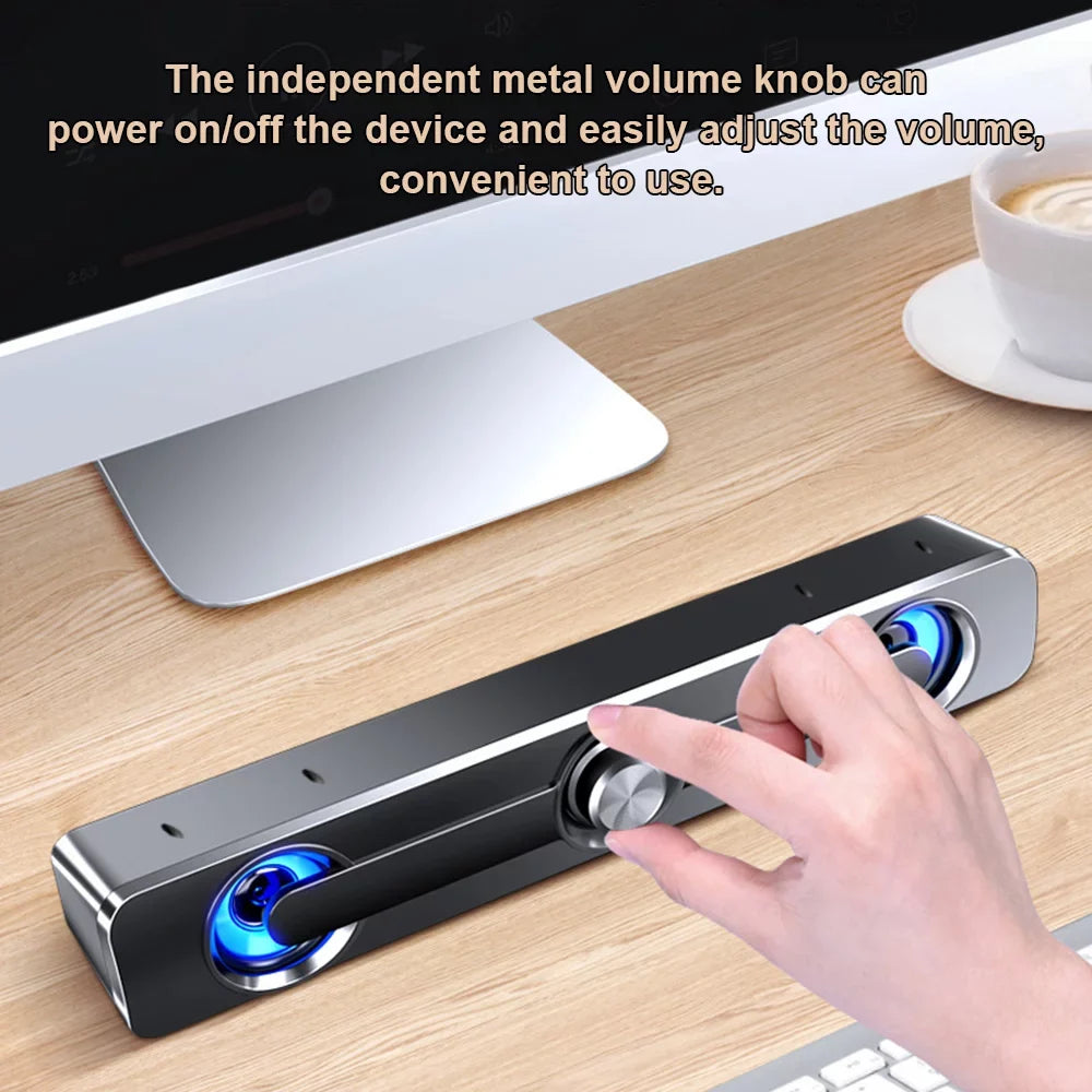 Andoer V 111 Computer Speaker USB Wired Powerful Bar Stereo Subwoofer Bass Speaker Blue LED Light, All match Decoration