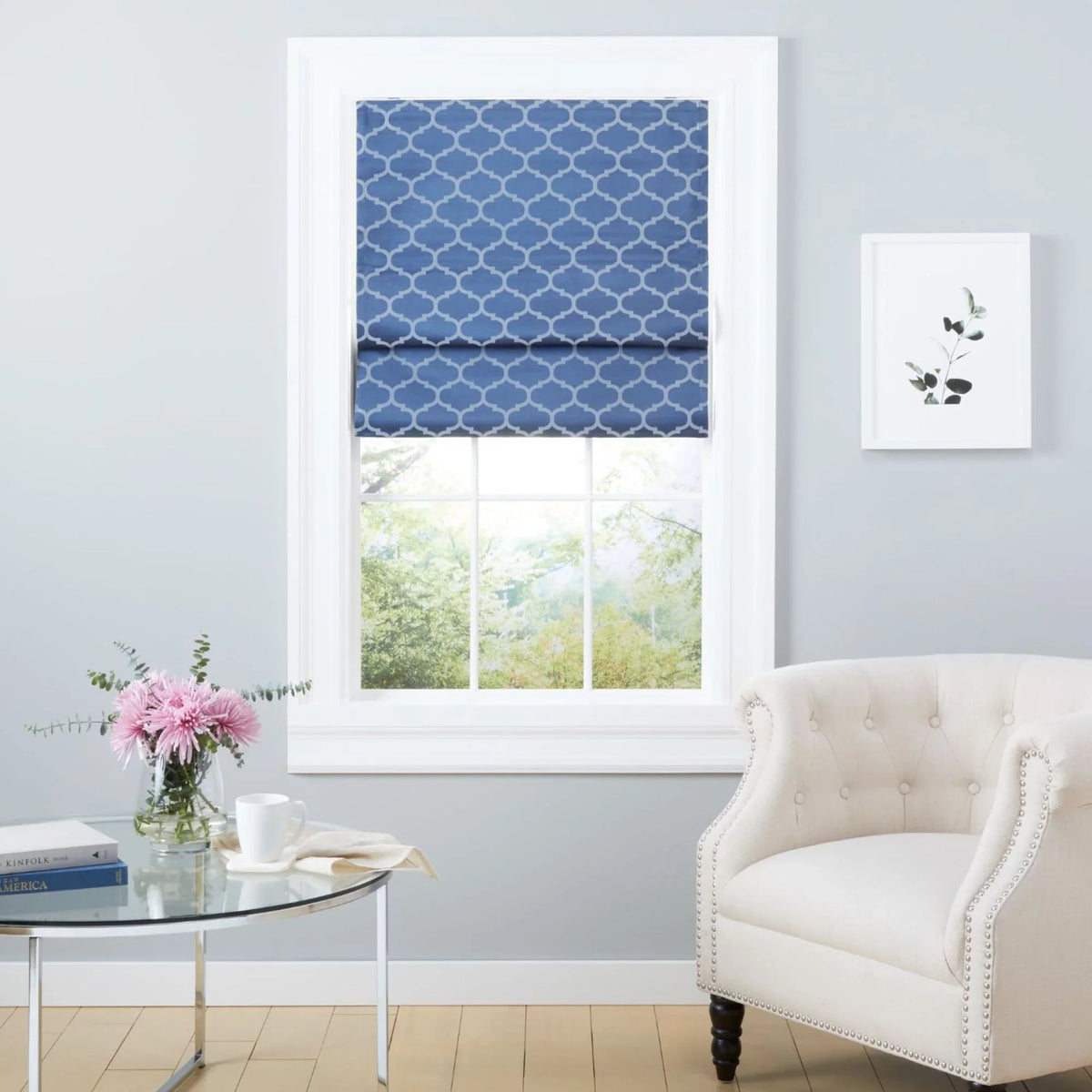 Exclusive Home Montague Trellis Total Blackout Roman Shade, 23"x64", Indigo