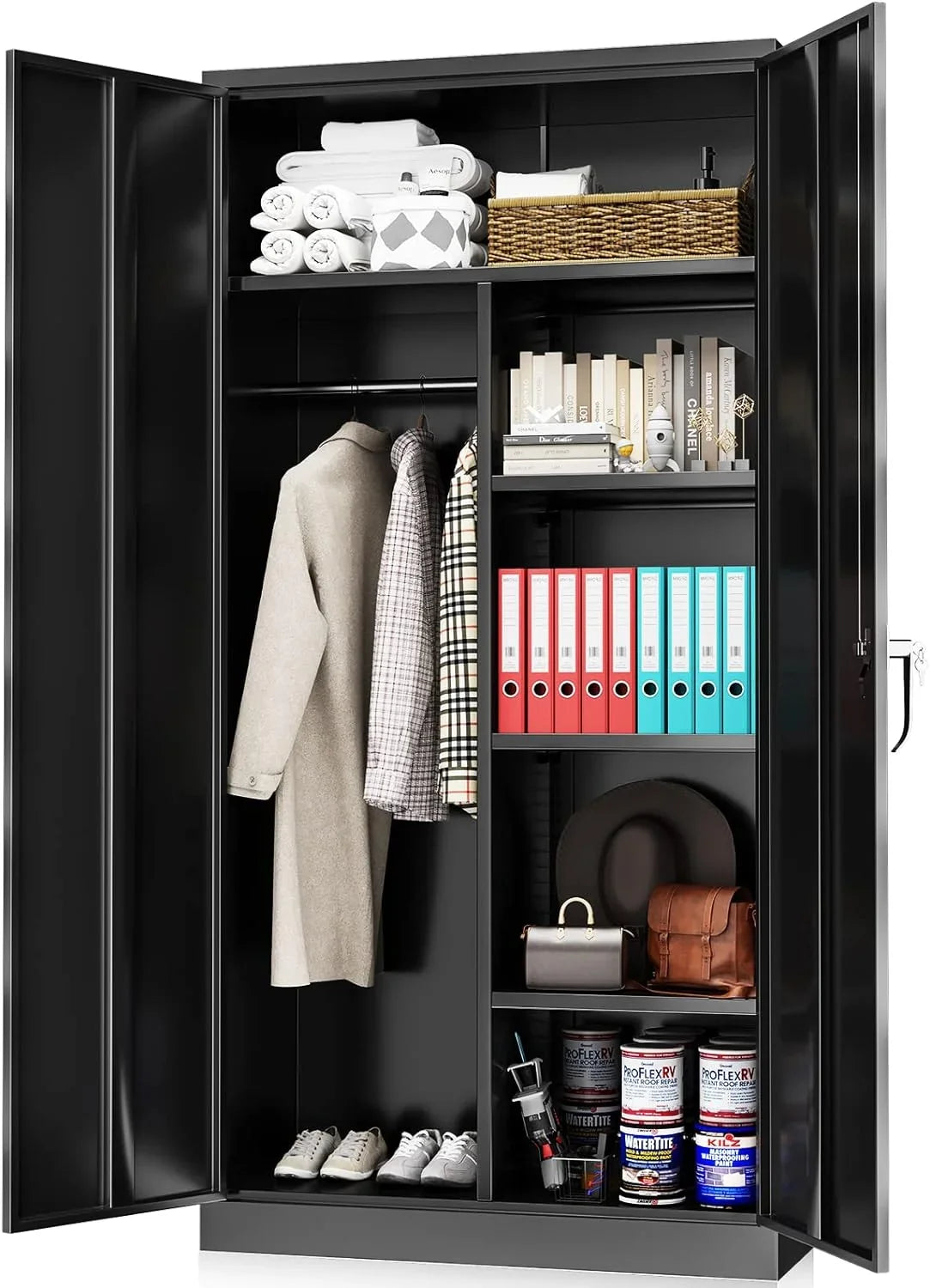 HOOMHIBIU Metal  Cabinets Locker with Locking Door  72'' Clothing Coat Steel Wardrobe Cabinet with Lock and Shelves for Office  Home  Garage  Employee  Freestanding (Black)