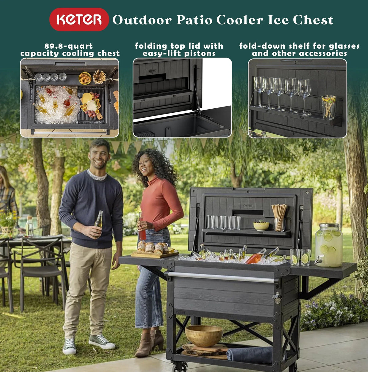 Keter Outdoor Patio Cooler Ice Chest InsuLatitudeed Beverage Bar Cart, Gray
