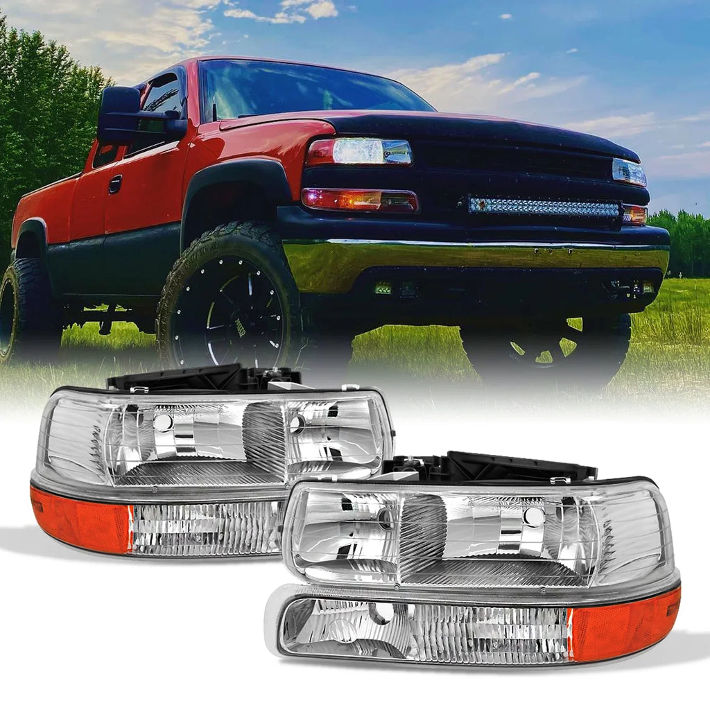 AKKON - For 00-06 Chevy Suburban | 99-02 Silverado | Tahoe Clear Headlights With Corner Bumper Lights Replacement Pair Set