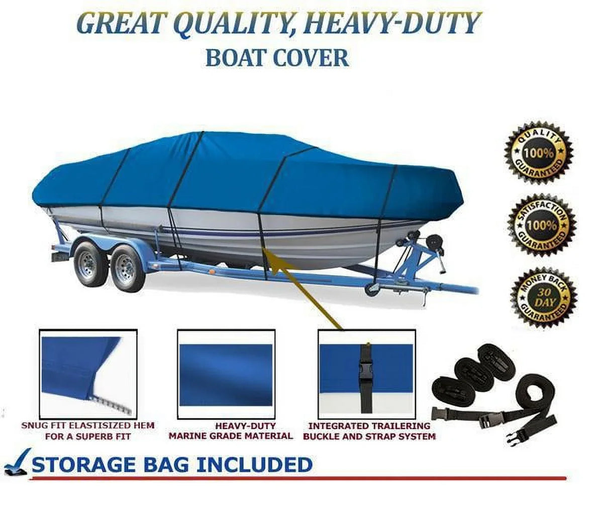 BLUE, GREAT QUALITY BOAT COVER Compatible for Aluminum Bass Boat and V-Hull and Tri-Hull Bowrider 16'-17' Length, Beam width up to 90"