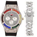 Charles Raymond Iced Out Mens Color on Blast Watch Single or Combo Sets with Blinged Out Bracelets Set. Iced Out Colourful Rainbow Flame Collection (ST10380-ZZ SLV)