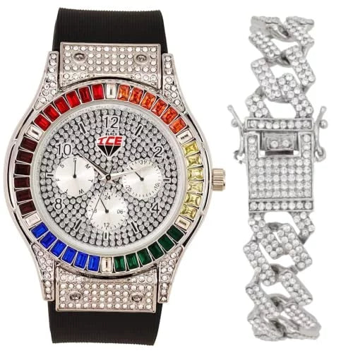Charles Raymond Iced Out Mens Color on Blast Watch Single or Combo Sets with Blinged Out Bracelets Set. Iced Out Colourful Rainbow Flame Collection (ST10380-ZZ SLV)