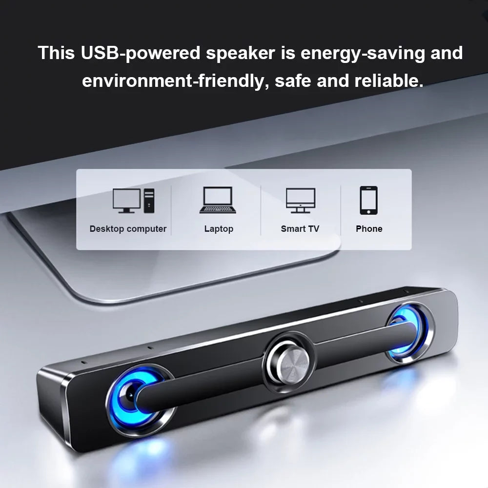 Andoer V 111 Computer Speaker USB Wired Powerful Bar Stereo Subwoofer Bass Speaker Blue LED Light, All match Decoration