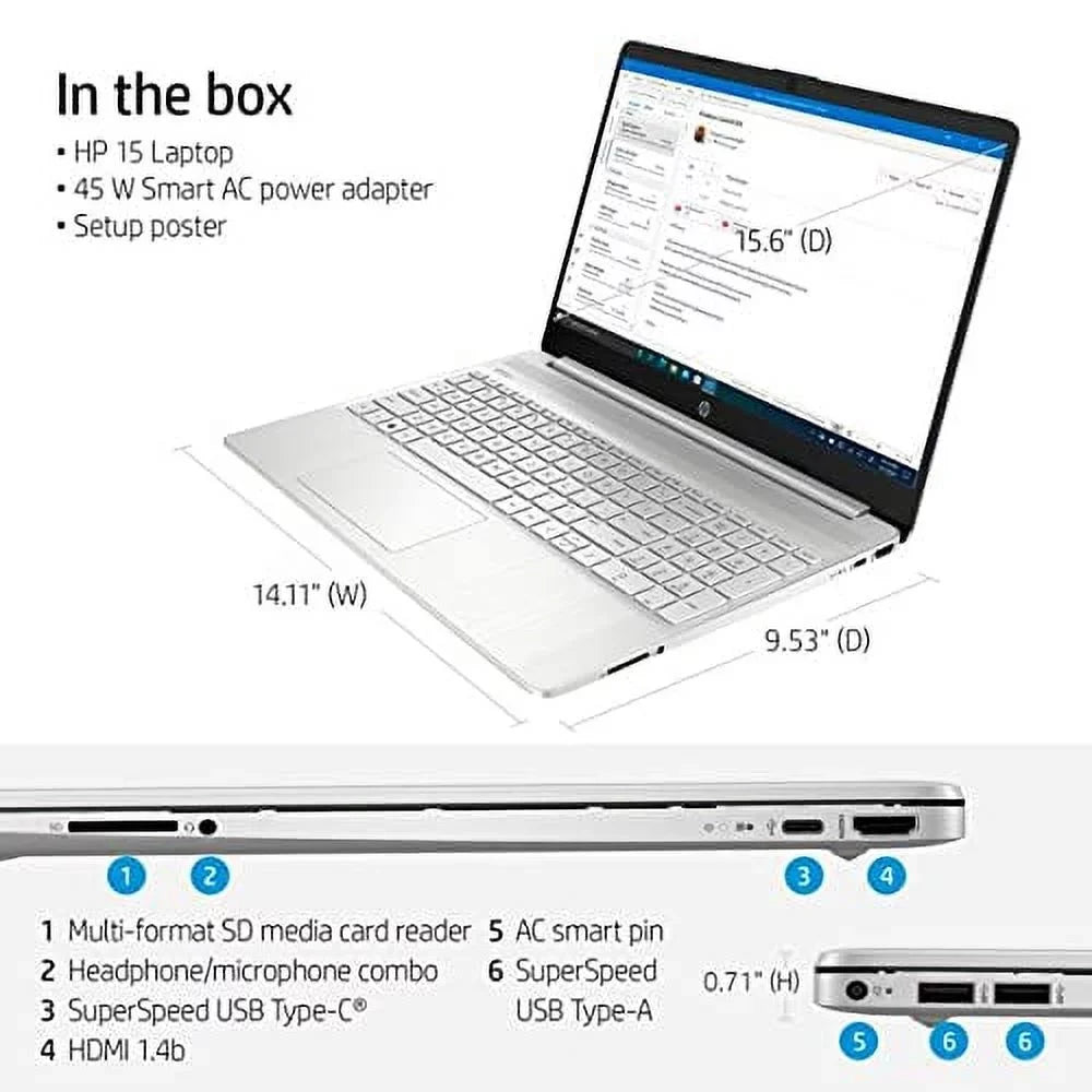 HP 2022 15.6" FHD Micro-Ege Display Laptop PC Intel 11th Gen 4-Core i7-1165G7 36GB DDR4 RAM 512GB NVMe SSD Intel Iris Xe Graphics Webcam HDMI WiFi AC BT USB-C Silver Windows 11 Pro w/RE USB Drive