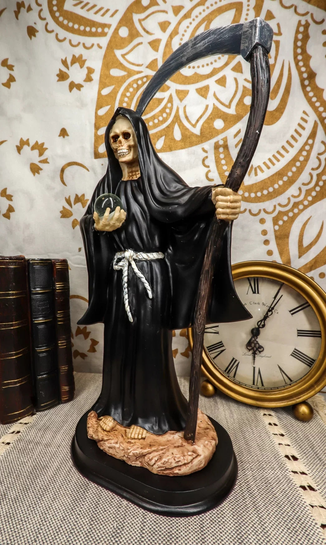 Ebros 12.75" Tall Holy Santa Muerte Holding Scythe in Black Tunic Robe Statue
