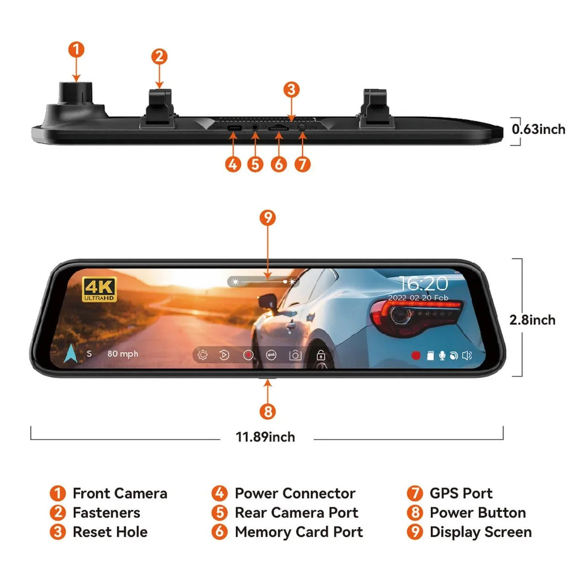 WOLFBOX 12'' Rear View Mirror Dash Cam, 4K Front and 1080P Rear Car Dash Cameras with Super Night Vision, Vehicle, Free 64GB Card & GPS, USB C Port