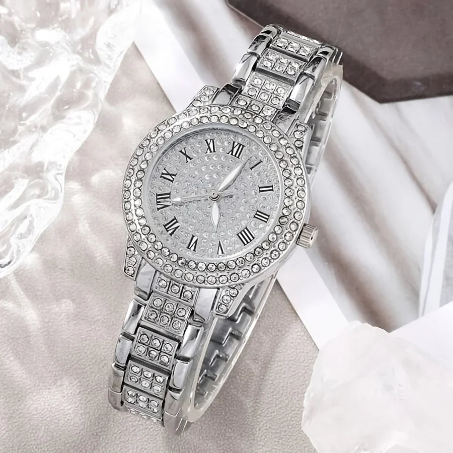Luxury Rhinestone Quartz Watch Hiphop Fashion Analog Wrist Watch & 6pcs Jewelry Set, Gift For Women Her