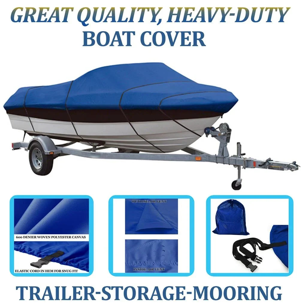 BLUE, GREAT QUALITY BOAT COVER Compatible for Aluminum Bass Boat and V-Hull and Tri-Hull Bowrider 16'-17' Length, Beam width up to 90"