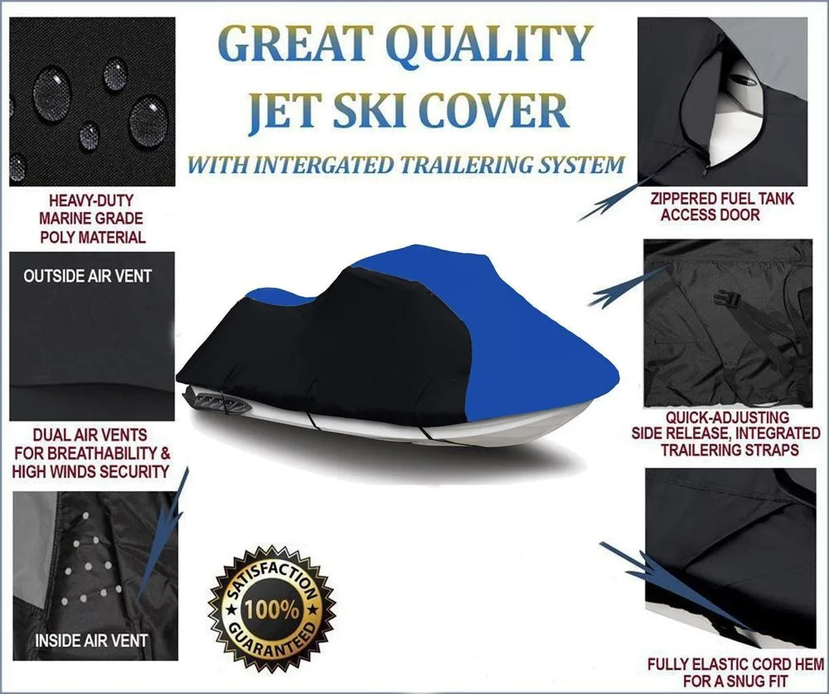 BLACK / BLUE HEAVY-DUTY, 600 DENIER Jet Ski PWC Watercraft Cover Compatible for Kawasaki Ultra LX 2007 2008 2009 2010 2011 2012 2013 2014 2015 2016 2017 2018 2019 2020 2021 2022