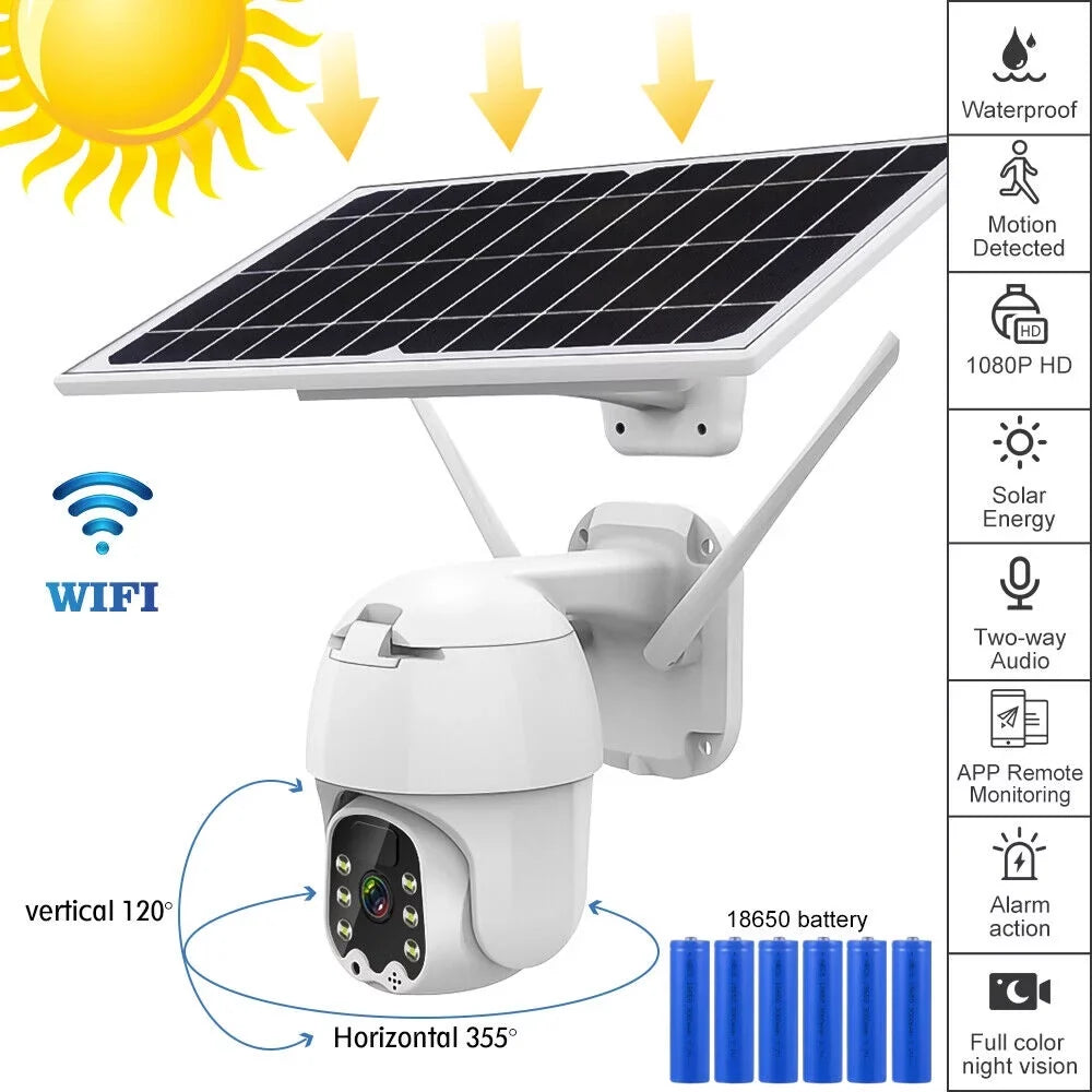 Home Wireless Security Camera System, Solar Battery Powered Wifi Camera Outdoor Pan/Tilt, Night Vision, Two Way Talk, Works with Android/Ios Assistant/Cloud, with 32GB Momery Card
